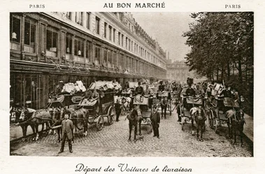 Abfahrt der Lieferwagen vom Bon Marché Kaufhaus, Paris, ca. 1890